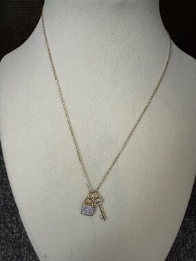 Gold Padlock and Key Necklace with Real Diamond Accent - Women Jewelry